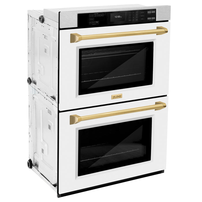 ZLINE 30" Autograph Double Wall Oven with Air Fry and Self-Clean in DuraSnow® Stainless Steel with White Matte Door and Gold Handle, WADSZ-WM-30-G