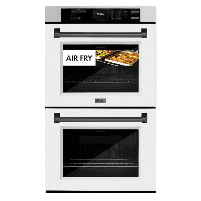 ZLINE Autograph Edition 30 in. Professional True Convection Double Wall Oven with Air Fry and Self Clean in DuraSnow® Stainless Steel with White Matte Doors and Matte Black Handles (WADSZ-WM-30-MB)