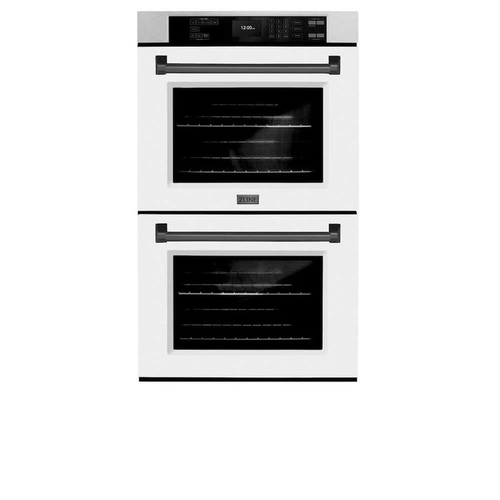 ZLINE Autograph Edition 30 in. Professional True Convection Double Wall Oven with Air Fry and Self Clean in DuraSnow® Stainless Steel with White Matte Doors and Matte Black Handles (WADSZ-WM-30-MB)