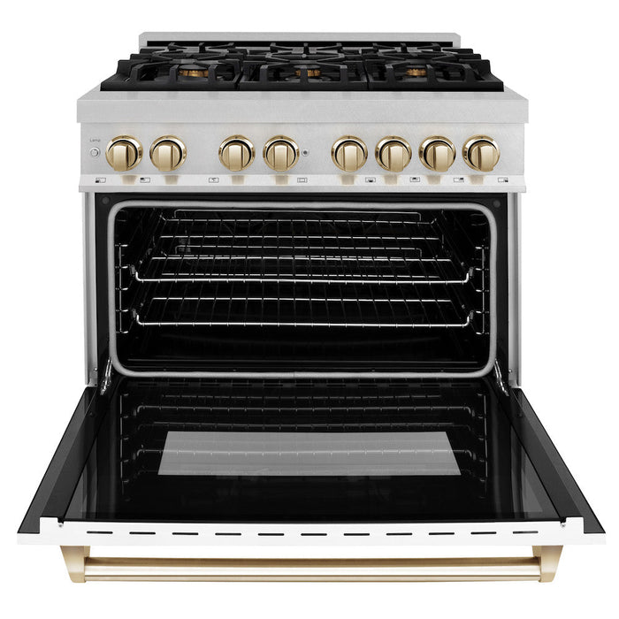 ZLINE Autograph Edition 36 in. 4.6 cu. ft. Legacy Dual Fuel Range with 6 Burner Gas Cooktop and Electric Convection Oven in DuraSnow® Stainless Steel with White Matte Door and Polished Gold Accents (RASZ-WM-36-G)