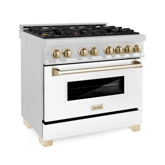 ZLINE Autograph Edition 36 in. 4.6 cu. ft. Legacy Dual Fuel Range with 6 Burner Gas Cooktop and Electric Convection Oven in DuraSnow® Stainless Steel with White Matte Door and Polished Gold Accents (RASZ-WM-36-G)