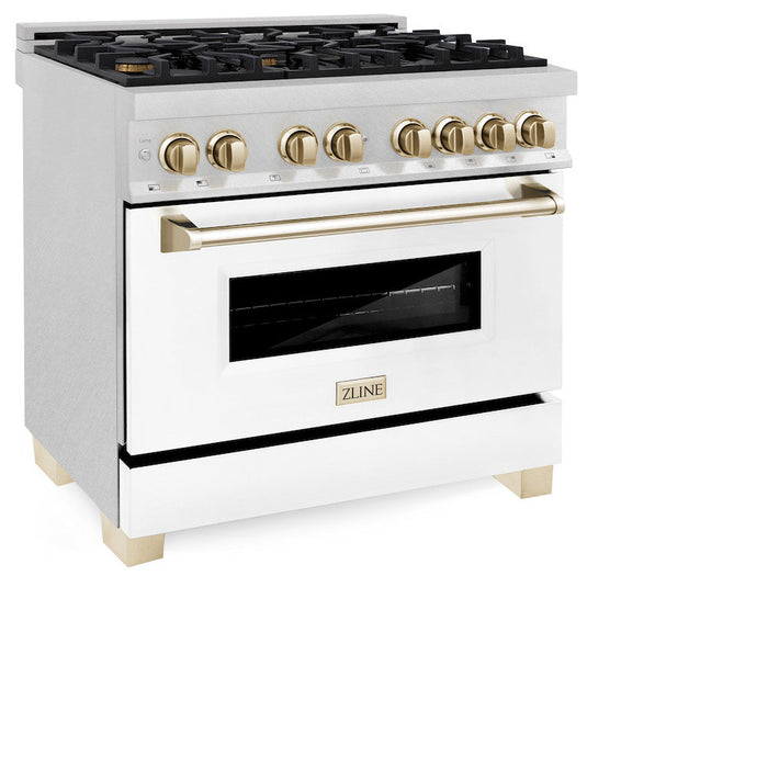 ZLINE Autograph Edition 36 in. 4.6 cu. ft. Legacy Dual Fuel Range with 6 Burner Gas Cooktop and Electric Convection Oven in DuraSnow® Stainless Steel with White Matte Door and Polished Gold Accents (RASZ-WM-36-G)