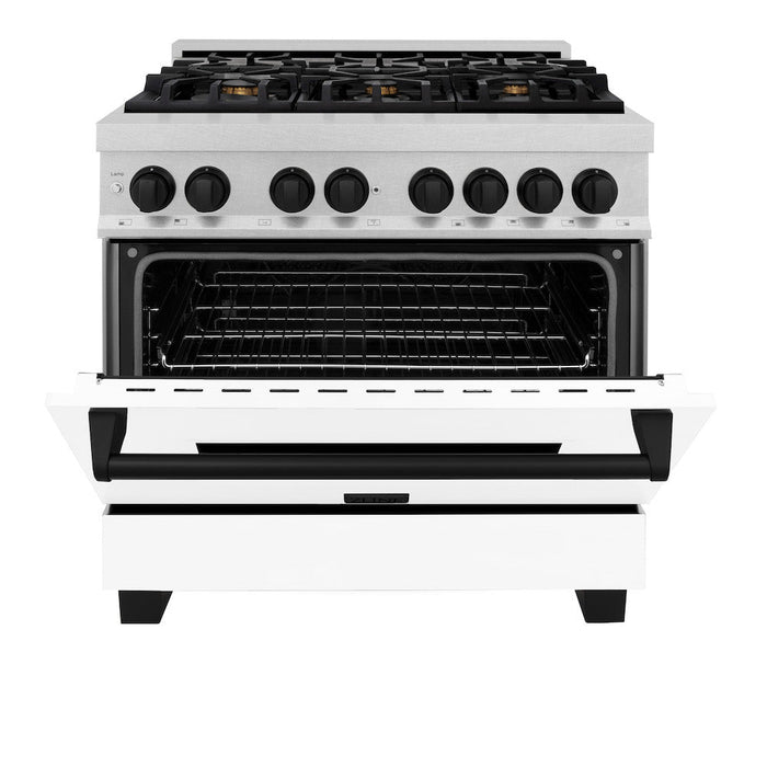 ZLINE Autograph Edition 36 in. 4.6 cu. ft. Legacy Dual Fuel Range with 6 Burner Gas Cooktop and Electric Convection Oven in DuraSnow® Stainless Steel with White Matte Door and Matte Black Accents (RASZ-WM-36-MB)