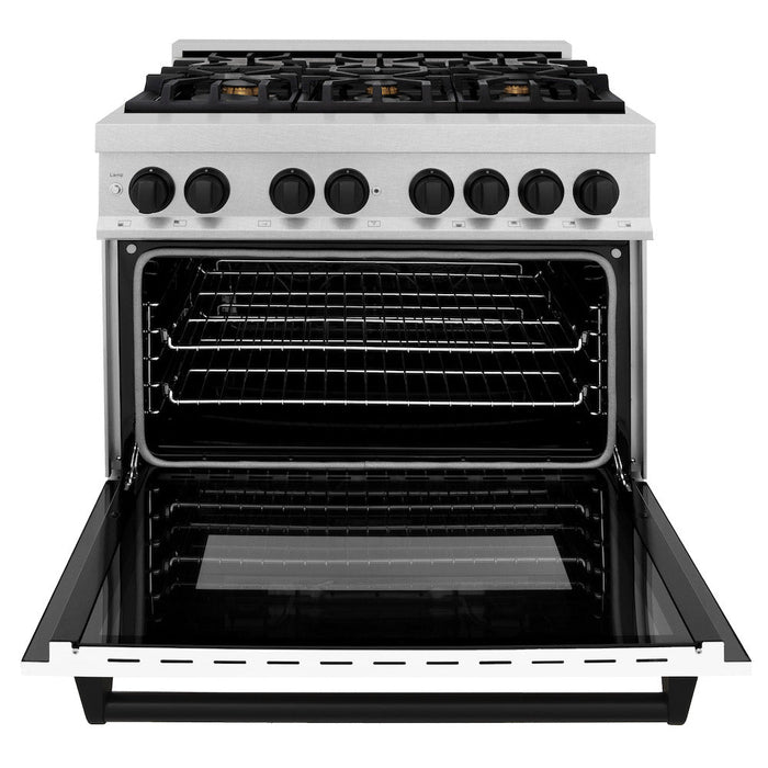 ZLINE Autograph Edition 36 in. 4.6 cu. ft. Legacy Dual Fuel Range with 6 Burner Gas Cooktop and Electric Convection Oven in DuraSnow® Stainless Steel with White Matte Door and Matte Black Accents (RASZ-WM-36-MB)