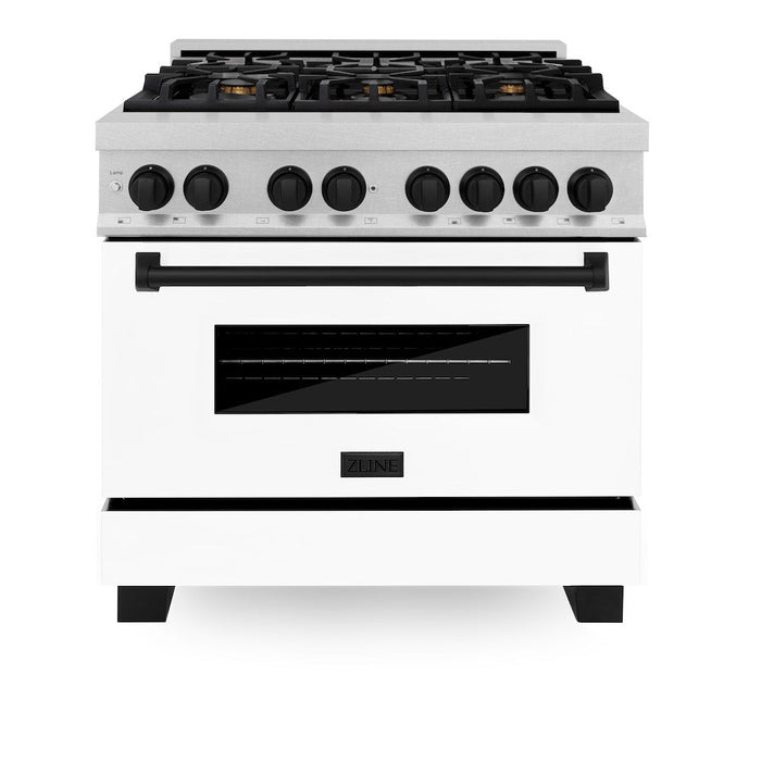 ZLINE Autograph Edition 36 in. 4.6 cu. ft. Legacy Dual Fuel Range with 6 Burner Gas Cooktop and Electric Convection Oven in DuraSnow® Stainless Steel with White Matte Door and Matte Black Accents (RASZ-WM-36-MB)