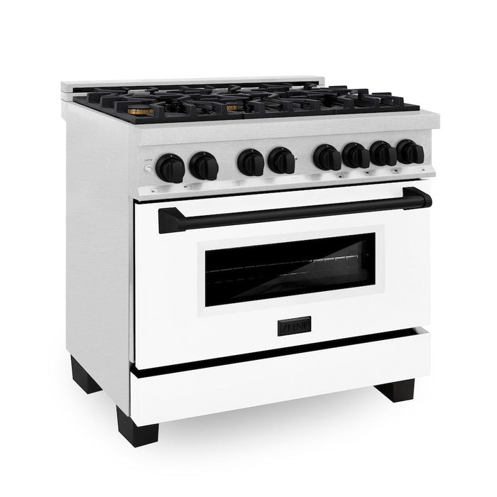 ZLINE Autograph Edition 36 in. 4.6 cu. ft. Legacy Dual Fuel Range with 6 Burner Gas Cooktop and Electric Convection Oven in DuraSnow® Stainless Steel with White Matte Door and Matte Black Accents (RASZ-WM-36-MB)