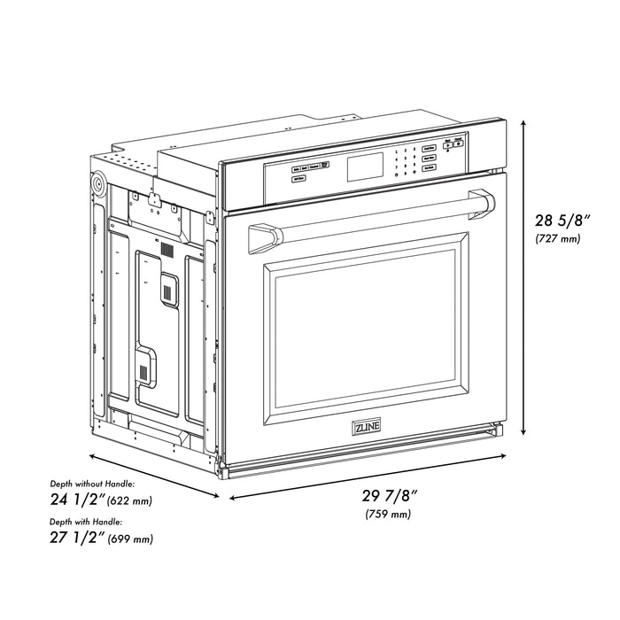 ZLINE 30" Autograph Single Wall Oven with Air Fry and Self-Clean in DuraSnow® Stainless Steel with White Matte Door and Champagne Bronze Handle, WASSZ-WM-30-CB