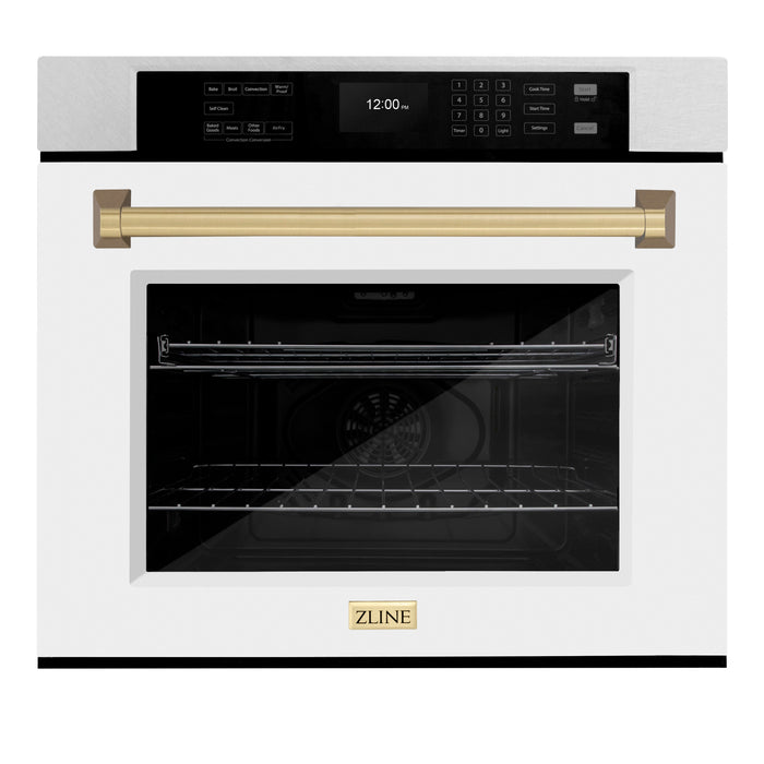 ZLINE 30" Autograph Single Wall Oven with Air Fry and Self-Clean in DuraSnow® Stainless Steel with White Matte Door and Champagne Bronze Handle, WASSZ-WM-30-CB