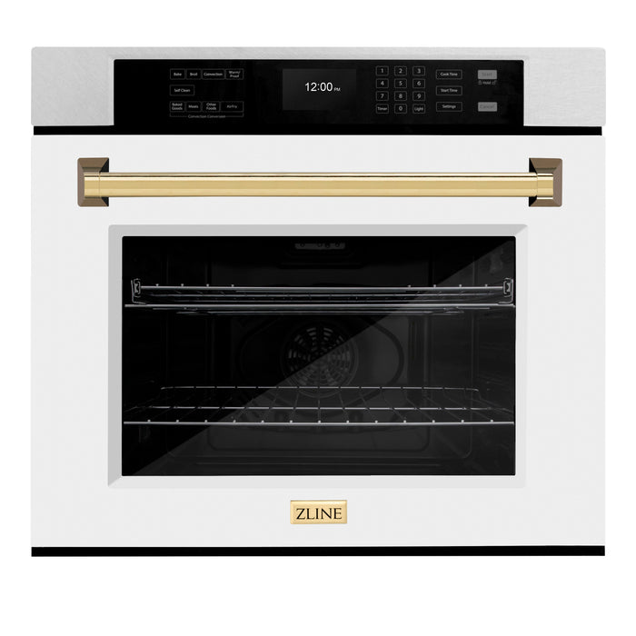 ZLINE 30" Autograph Single Wall Oven with Air Fry and Self-Clean in DuraSnow® Stainless Steel with White Matte Door and Gold Handle, WASSZ-WM-30-G