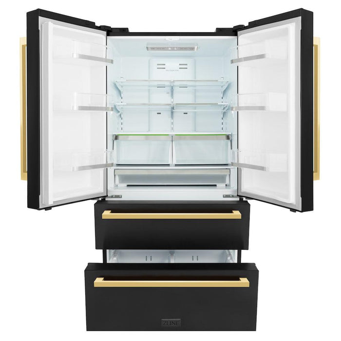 ZLINE Autograph Edition 36 in. 22.5 cu. ft 4-Door French Door Refrigerator with Ice Maker in Black Stainless Steel with Polished Gold Modern Handles (RFMZ-36-BS-FG)