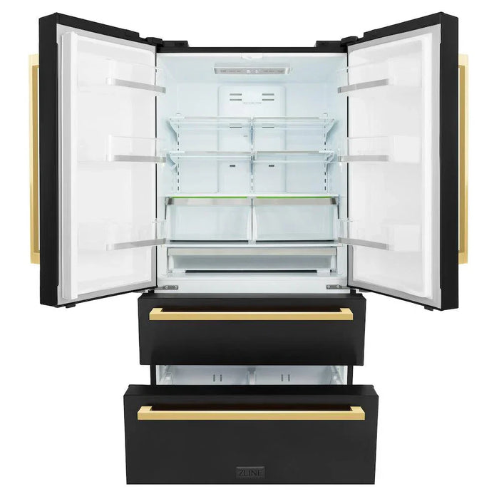 ZLINE 36" Autograph 22.5 cu. ft. Refrigerator with Ice Maker in Black Stainless Steel with Gold Square Handles, RFMZ-36-BS-FG