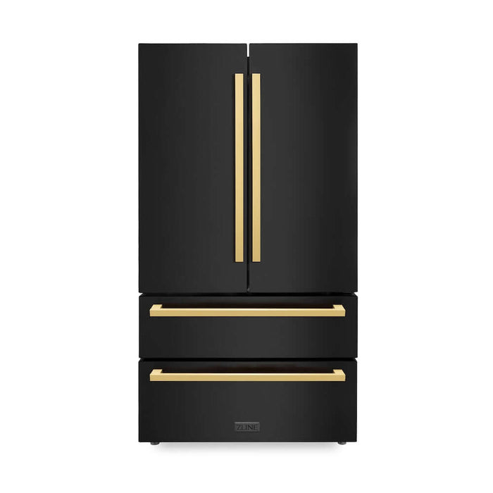 ZLINE Autograph Edition 36 in. 22.5 cu. ft 4-Door French Door Refrigerator with Ice Maker in Black Stainless Steel with Polished Gold Modern Handles (RFMZ-36-BS-FG)