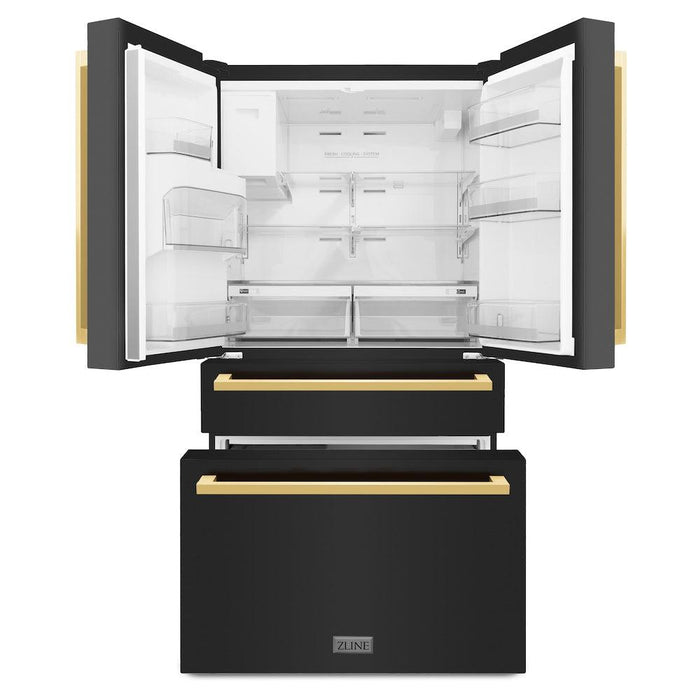 ZLINE 36" Autograph Refrigerator with Water and Ice Dispenser in Black with Gold Square Handles, RFMZ-W-36-BS-FG