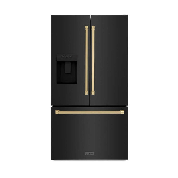 ZLINE Autograph Edition 36 in. 28.9 cu. ft. Standard-Depth French Door External Water Dispenser Refrigerator with Dual Ice Maker in Black Stainless Steel and Champagne Bronze Traditional Handles (RSMZ-W-36-BS-CB)