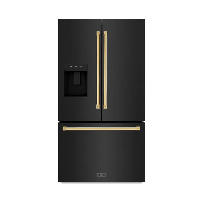 ZLINE Autograph Edition 36 in. 28.9 cu. ft. Standard-Depth French Door External Water Dispenser Refrigerator with Dual Ice Maker in Black Stainless Steel and Polished Gold Traditional Handles (RSMZ-W-36-BS-G)