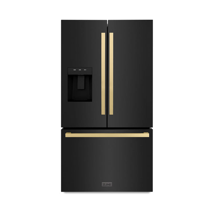 ZLINE Autograph 36" 28.9 cu. ft. Standard-Depth Refrigerator with Water Dispenser, Dual Ice Maker in Black with Champagne Bronze Square Handles