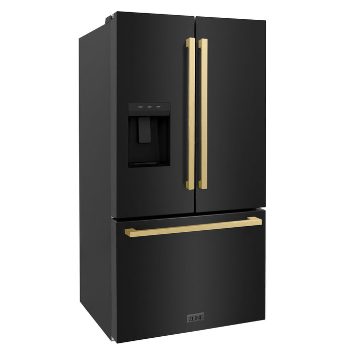 ZLINE Autograph 36" 28.9 cu. ft. Standard-Depth Refrigerator with Water Dispenser, Dual Ice Maker in Black with Champagne Bronze Square Handles