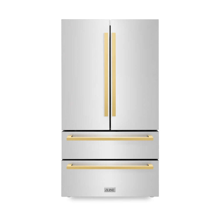 ZLINE Autograph Edition 36 in. 22.5 cu. ft 4-Door French Door Refrigerator with Ice Maker in Stainless Steel with Polished Gold Modern Handles (RFMZ-36-FG)