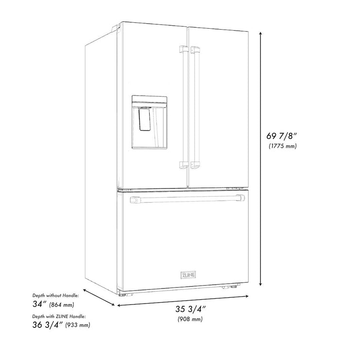 ZLINE Autograph 36" 28.9 cu. ft. Standard-Depth Refrigerator with Water Dispenser, Dual Ice Maker in Stainless Steel with Champagne Bronze Handles