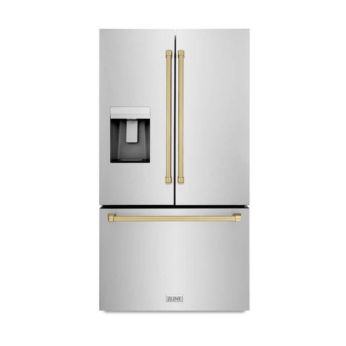 ZLINE Autograph Edition 36 in. 28.9 cu. ft. Standard-Depth French Door External Water Dispenser Refrigerator with Dual Ice Maker in Fingerprint Resistant Stainless Steel and Champagne Bronze Traditional Handles (RSMZ-W-36-CB)