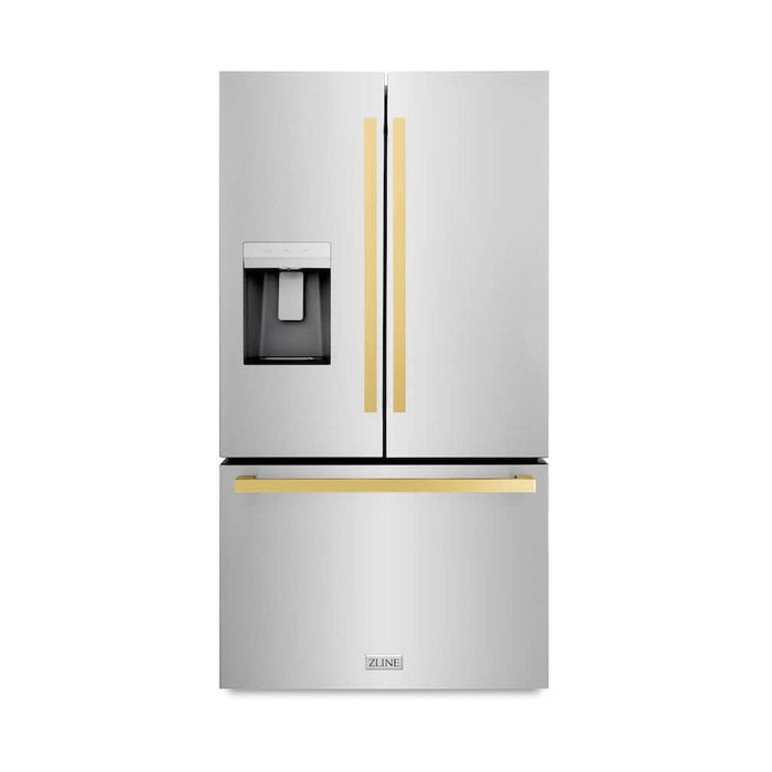 ZLINE Autograph Edition 36 in. 28.9 cu. ft. Standard-Depth French Door External Water Dispenser Refrigerator with Dual Ice Maker in Fingerprint Resistant Stainless Steel and Polished Gold Modern Handles (RSMZ-W-36-FG)