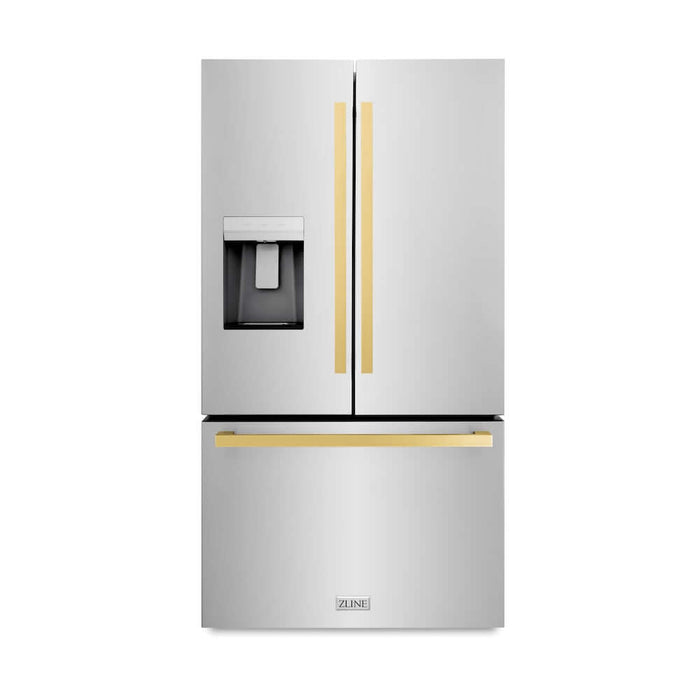 ZLINE Autograph Edition 36 in. 28.9 cu. ft. Standard-Depth French Door External Water Dispenser Refrigerator with Dual Ice Maker in Fingerprint Resistant Stainless Steel and Polished Gold Modern Handles (RSMZ-W-36-FG)