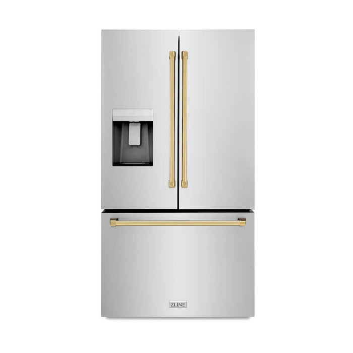 ZLINE Autograph Edition 36 in. 28.9 cu. ft. Standard-Depth French Door External Water Dispenser Refrigerator with Dual Ice Maker in Fingerprint Resistant Stainless Steel and Polished Gold Traditional Handles (RSMZ-W-36-G)