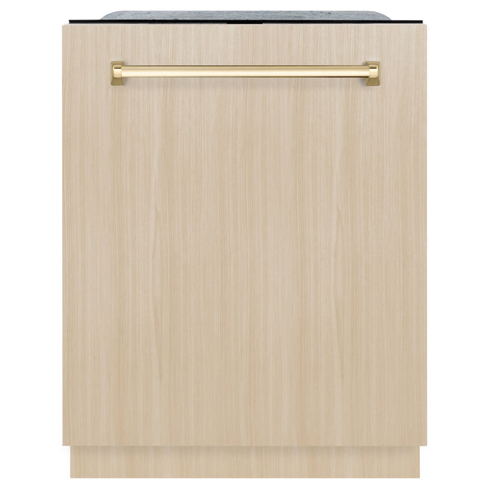 ZLINE Autograph Edition 24 in. Monument Series 3rd Rack Top Touch Control Tall Tub Dishwasher in Custom Panel Ready with Polished Gold Handle, 45dBa (DWMTZ-24-G)