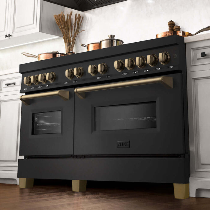 ZLINE Autograph Edition 60 in. 7.4 cu. ft. Legacy Dual Fuel Range with 9 Burner Gas Cooktop and 2 Electric Convection Ovens in Black Stainless Steel and Champagne Bronze Accents (RABZ-60-CB)