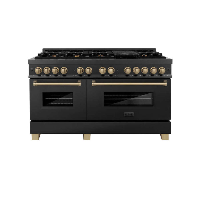 ZLINE Autograph Edition 60 in. 7.4 cu. ft. Legacy Dual Fuel Range with 9 Burner Gas Cooktop and 2 Electric Convection Ovens in Black Stainless Steel and Champagne Bronze Accents (RABZ-60-CB)