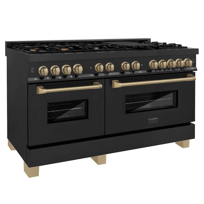 ZLINE Autograph Edition 60 in. 7.4 cu. ft. Legacy Dual Fuel Range with 9 Burner Gas Cooktop and 2 Electric Convection Ovens in Black Stainless Steel and Champagne Bronze Accents (RABZ-60-CB)