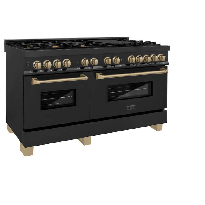 ZLINE Autograph Edition 60 in. 7.4 cu. ft. Legacy Dual Fuel Range with 9 Burner Gas Cooktop and 2 Electric Convection Ovens in Black Stainless Steel and Champagne Bronze Accents (RABZ-60-CB)