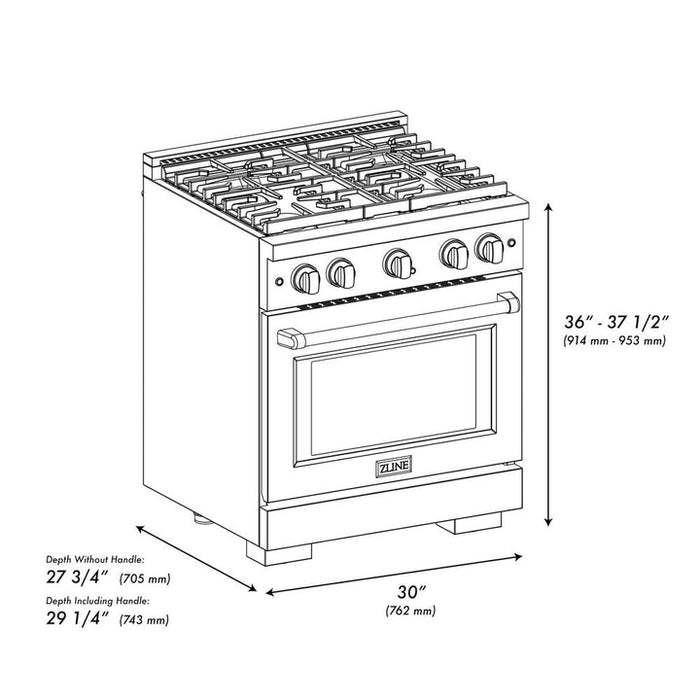 ZLINE Autograph 30" 4.2 cu. ft. Paramount Dual Fuel Range with 4 Burners in Black Stainless Steel with Champagne Bronze Accents, SDRBZ-30-CB