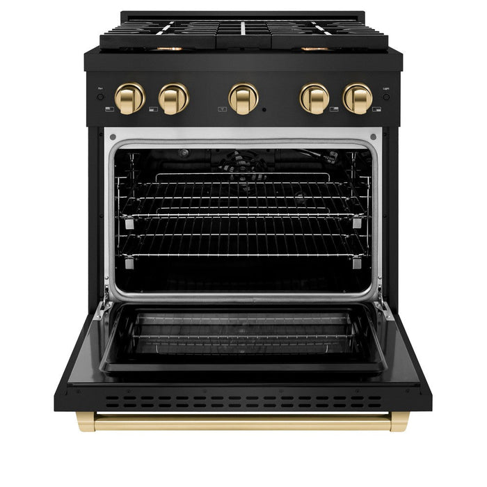 ZLINE Autograph 30" 4.2 cu. ft. Paramount Dual Fuel Range with 4 Burners in Black Stainless Steel with Polished Gold Accents, SDRBZ-30-G