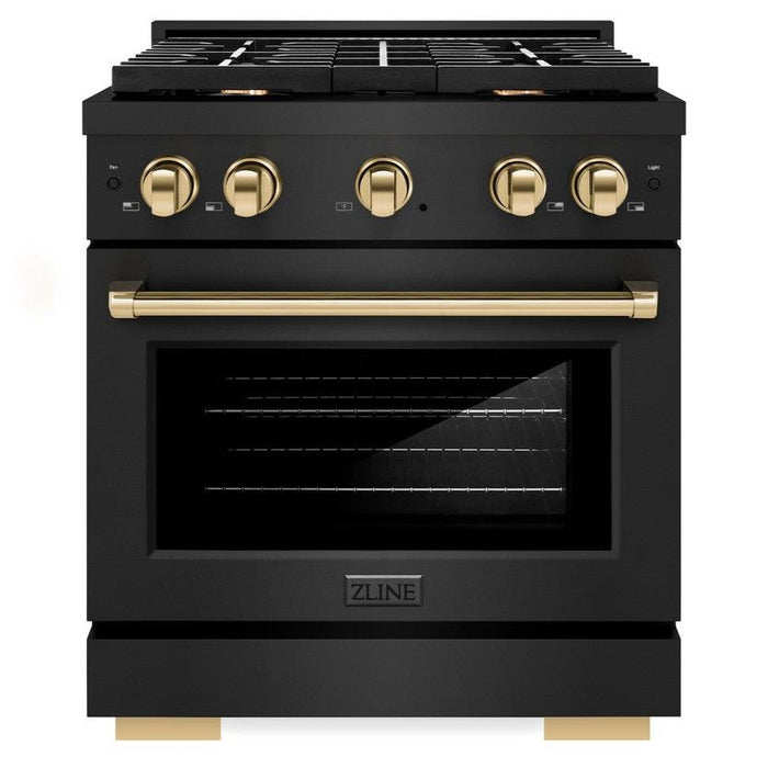 ZLINE Autograph 30" 4.2 cu. ft. Paramount Dual Fuel Range with 4 Burners in Black Stainless Steel with Polished Gold Accents, SDRBZ-30-G