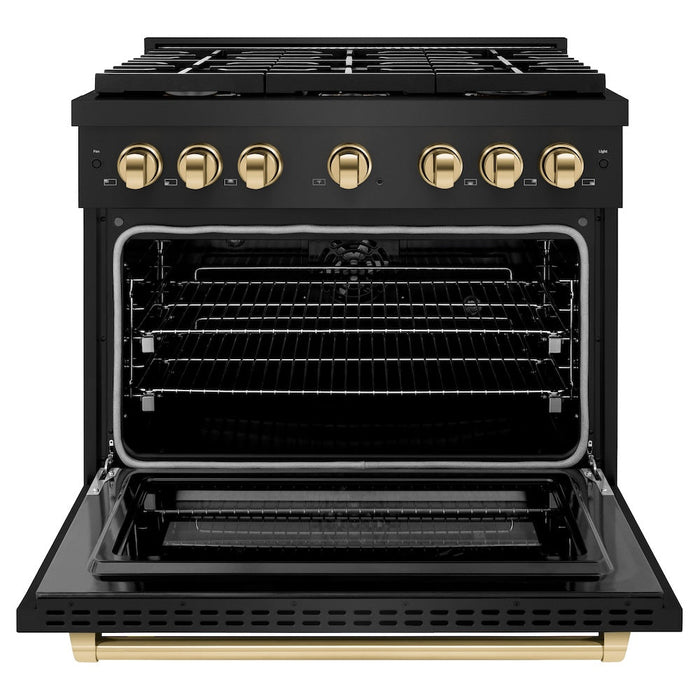 ZLINE Autograph Edition 36 in. 5.2 cu. ft. Paramount Dual Fuel Range with 6 Burner Gas Cooktop and Electric Convection Oven in Black Stainless Steel with Polished Gold Accents (SDRBZ-36-G)