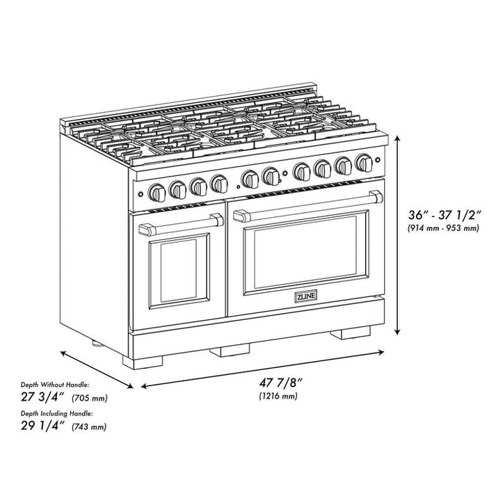 ZLINE Autograph 48" 6.7 cu. ft. Paramount Double Oven Dual Fuel Range with 8 Burners in Black Stainless Steel and Champagne Bronze Accents, SDRBZ-48-CB