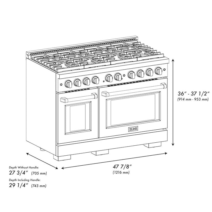 ZLINE Autograph Edition 48 in. 6.7 cu. ft. Paramount Double Oven Dual Fuel Range with 8 Burner Gas Cooktop in Black Stainless Steel and Champagne Bronze Accents (SDRBZ-48-CB)