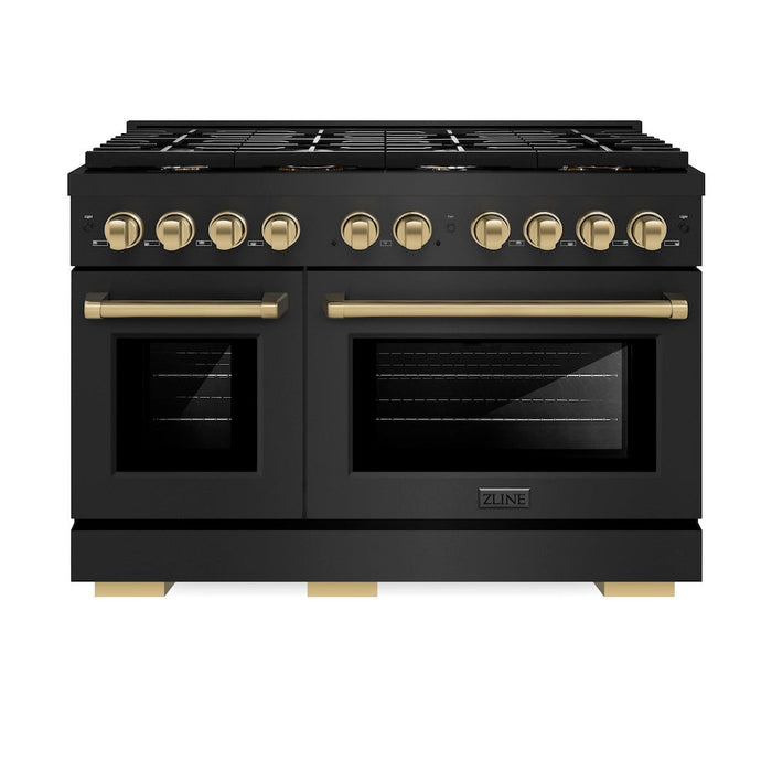 ZLINE Autograph Edition 48 in. 6.7 cu. ft. Paramount Double Oven Dual Fuel Range with 8 Burner Gas Cooktop in Black Stainless Steel and Champagne Bronze Accents (SDRBZ-48-CB)