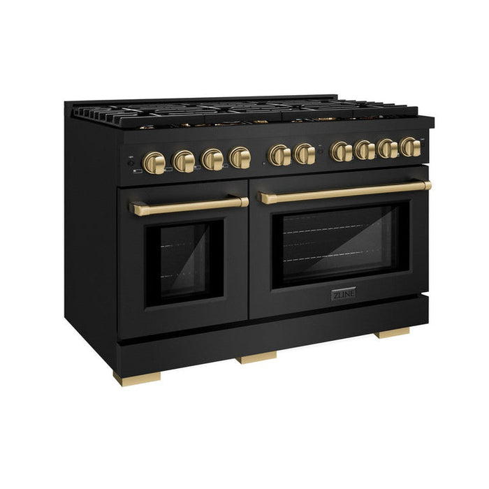 ZLINE Autograph 48" 6.7 cu. ft. Paramount Double Oven Dual Fuel Range with 8 Burners in Black Stainless Steel and Champagne Bronze Accents, SDRBZ-48-CB