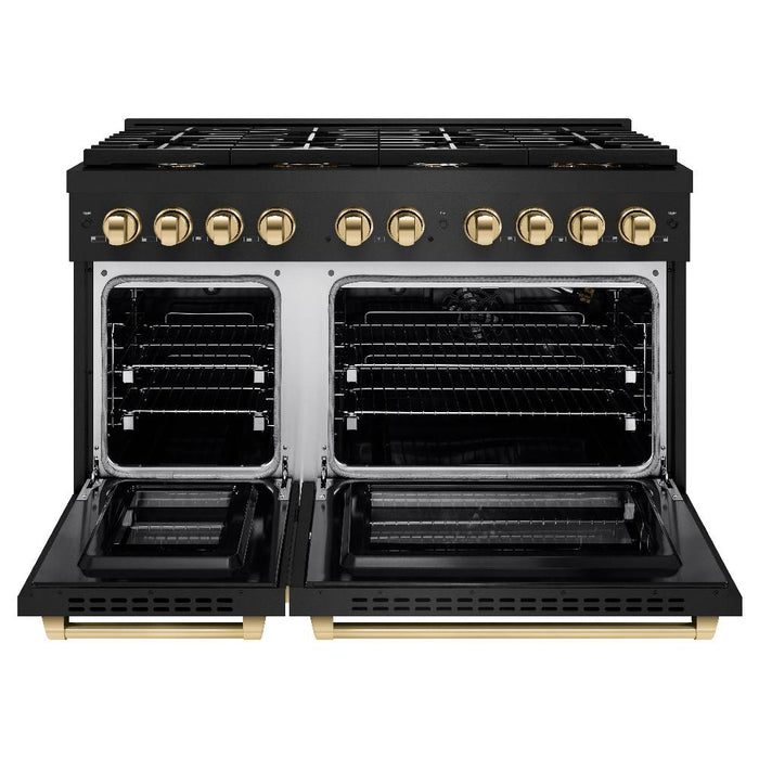 ZLINE Autograph 48" 6.7 cu. ft. Paramount Double Oven Dual Fuel Range with 8 Burners in Black Stainless Steel and Polished Gold Accents, SDRBZ-48-G