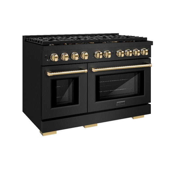 ZLINE Autograph 48" 6.7 cu. ft. Paramount Double Oven Dual Fuel Range with 8 Burners in Black Stainless Steel and Polished Gold Accents, SDRBZ-48-G