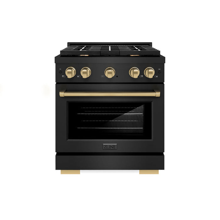 ZLINE Autograph Package - 30 In. Gas Range, Range Hood, Dishwasher in Black Stainless Steel with Champagne Bronze Accents, 3AKP-RGBRHDWV30-CB