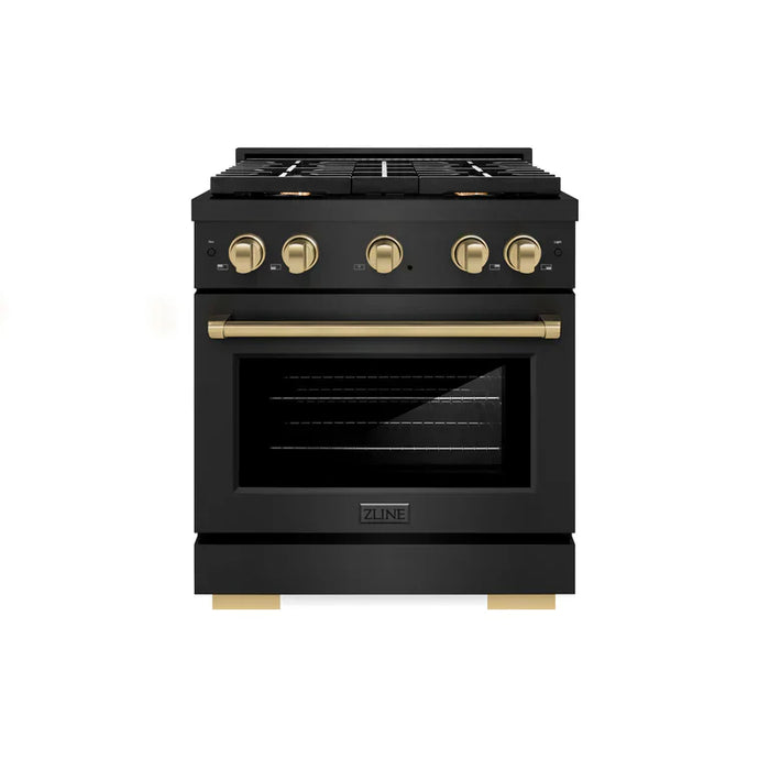 ZLINE Autograph Package - 30 In. Gas Range, Range Hood in Black Stainless Steel with Champagne Bronze Accents, 2AKP-SGRBRH30-CB