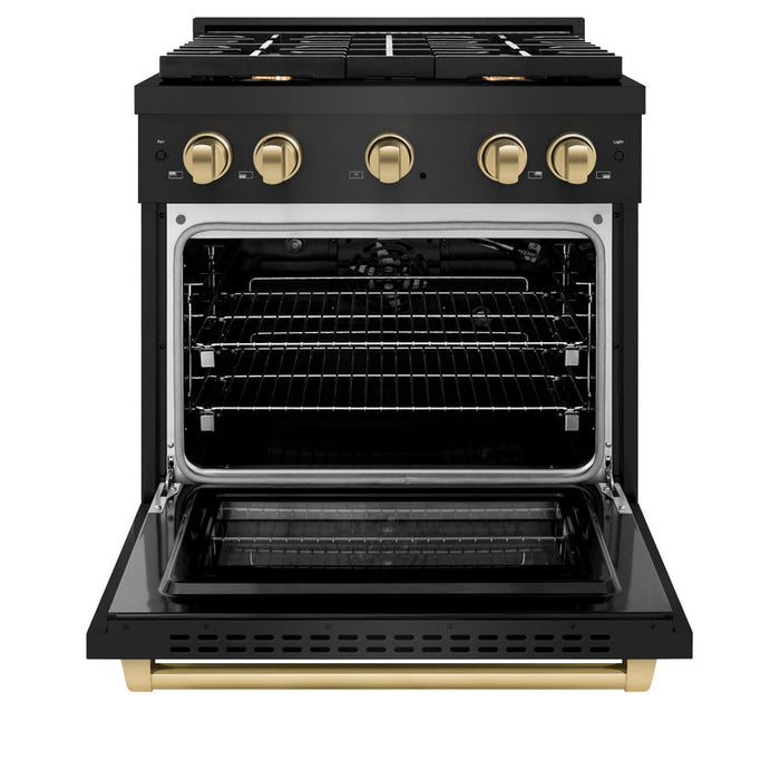 ZLINE Autograph Package - 30 In. Gas Range, Range Hood, Dishwasher in Black Stainless Steel with Champagne Bronze Accents, 3AKP-RGBRHDWV30-CB