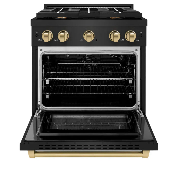 ZLINE Autograph Package - 30 In. Gas Range, Range Hood in Black Stainless Steel with Champagne Bronze Accents, 2AKP-SGRBRH30-CB