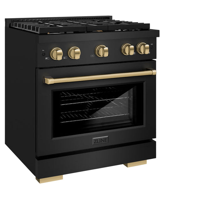 ZLINE Autograph Package - 30" Gas Range, Range Hood, Refrigerator with Water & Ice Dispenser, Dishwasher