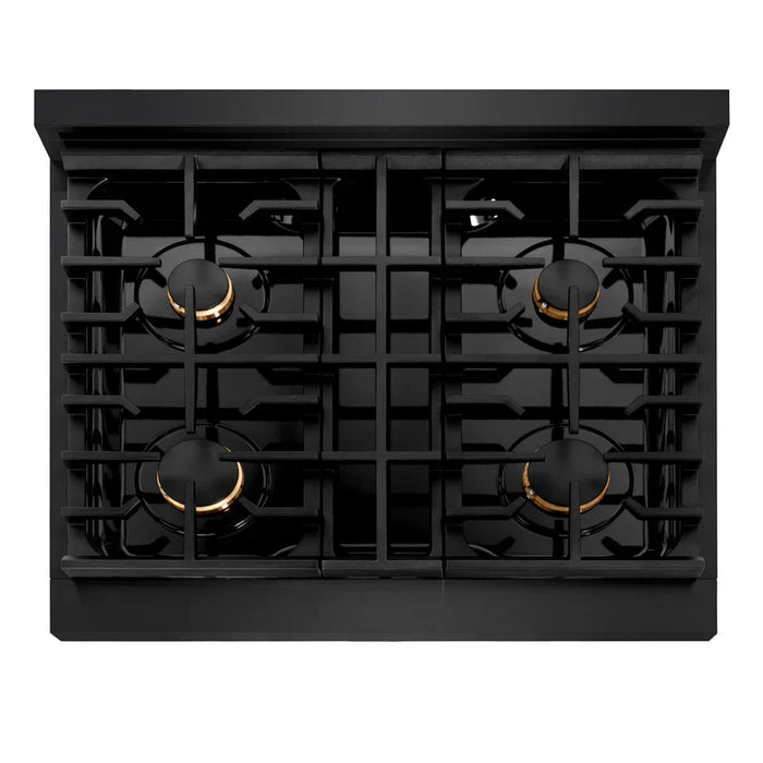 ZLINE Autograph Package - 30 In. Gas Range, Range Hood in Black Stainless Steel with Champagne Bronze Accents, 2AKP-SGRBRH30-CB