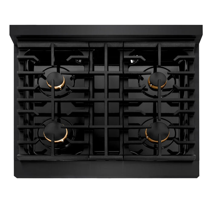 ZLINE Autograph Package - 30 In. Gas Range, Range Hood in Black Stainless Steel with Gold Accents, 2AKP-RGBRH30-G