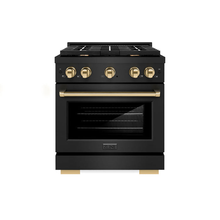 ZLINE Autograph Package - 30 In. Gas Range, Range Hood, Refrigerator with Water and Ice Dispenser, and Dishwasher in Black Stainless Steel with Gold Accents, 4AKPR-RGBRHDWV30-G